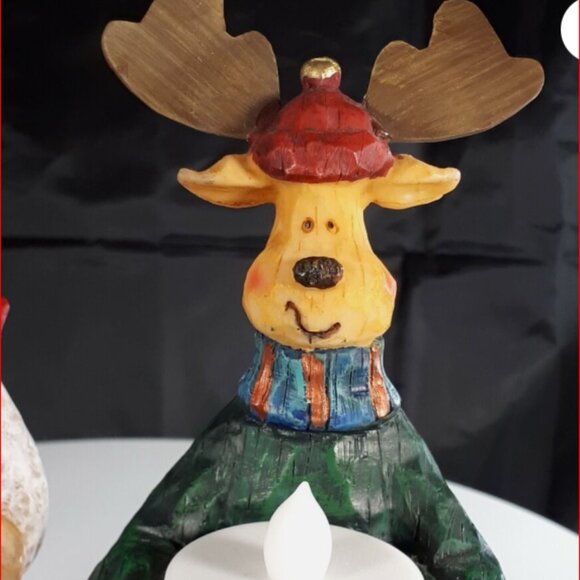 Christmas Decor Whimsical Snowman and Moose Shelf Mantle Tealight Holders - Picture 2 of 4